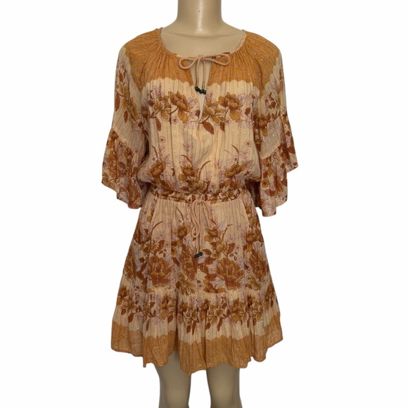 SPELL coco lei flutter sleeve playdress caramel Metallic floral mini dress small - Picture 6 of 12
